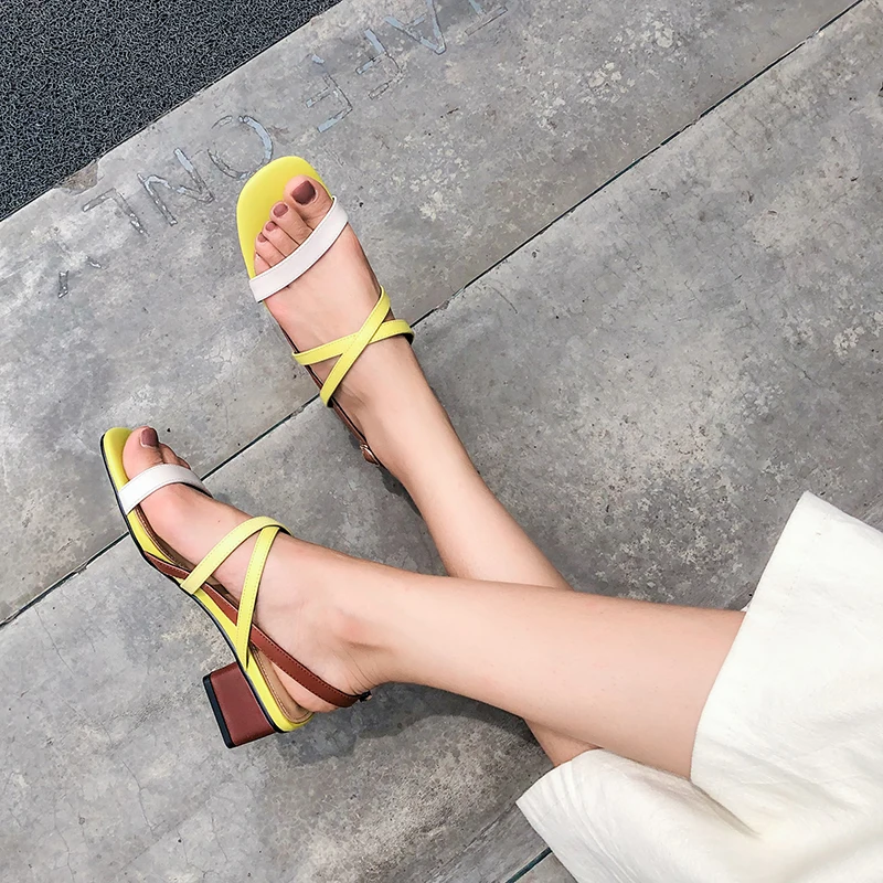 New women sandals genuine leather thick high heels sandals woman mixed colors cross buckle ladies dress party shoes