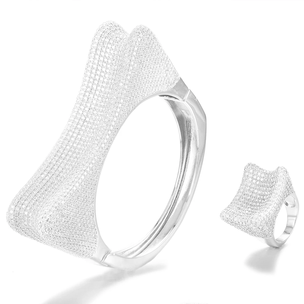 SISCATHY Exquisite Women Bangle Bracelet/Ring Luxury Wide Crystal Cubic Zirconia Wedding Female Jewelry Sets Accessories