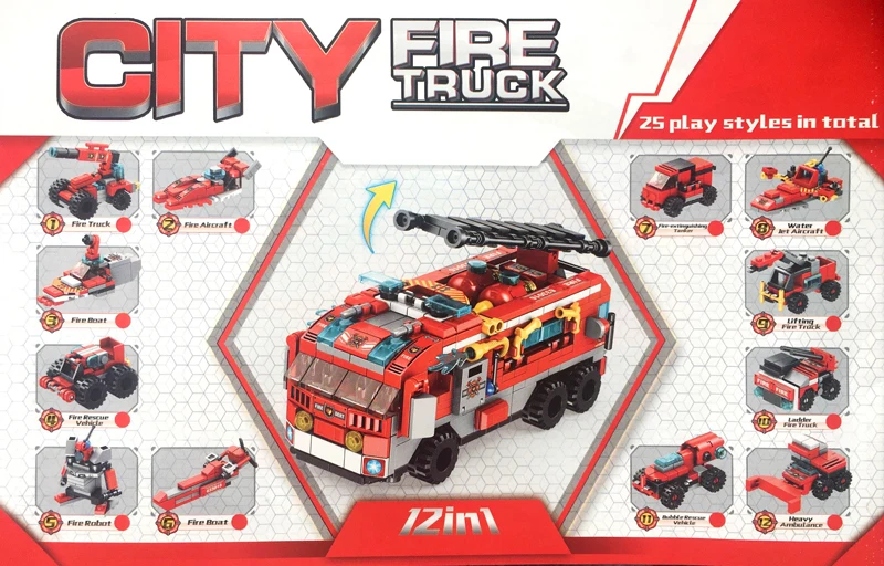 Building Blocks Fire Truck 12in1 City Building Bricks Fire Car Boat Stacking Toy Aircraft Rescue Robot Mini Fun Gift For Boy Kid