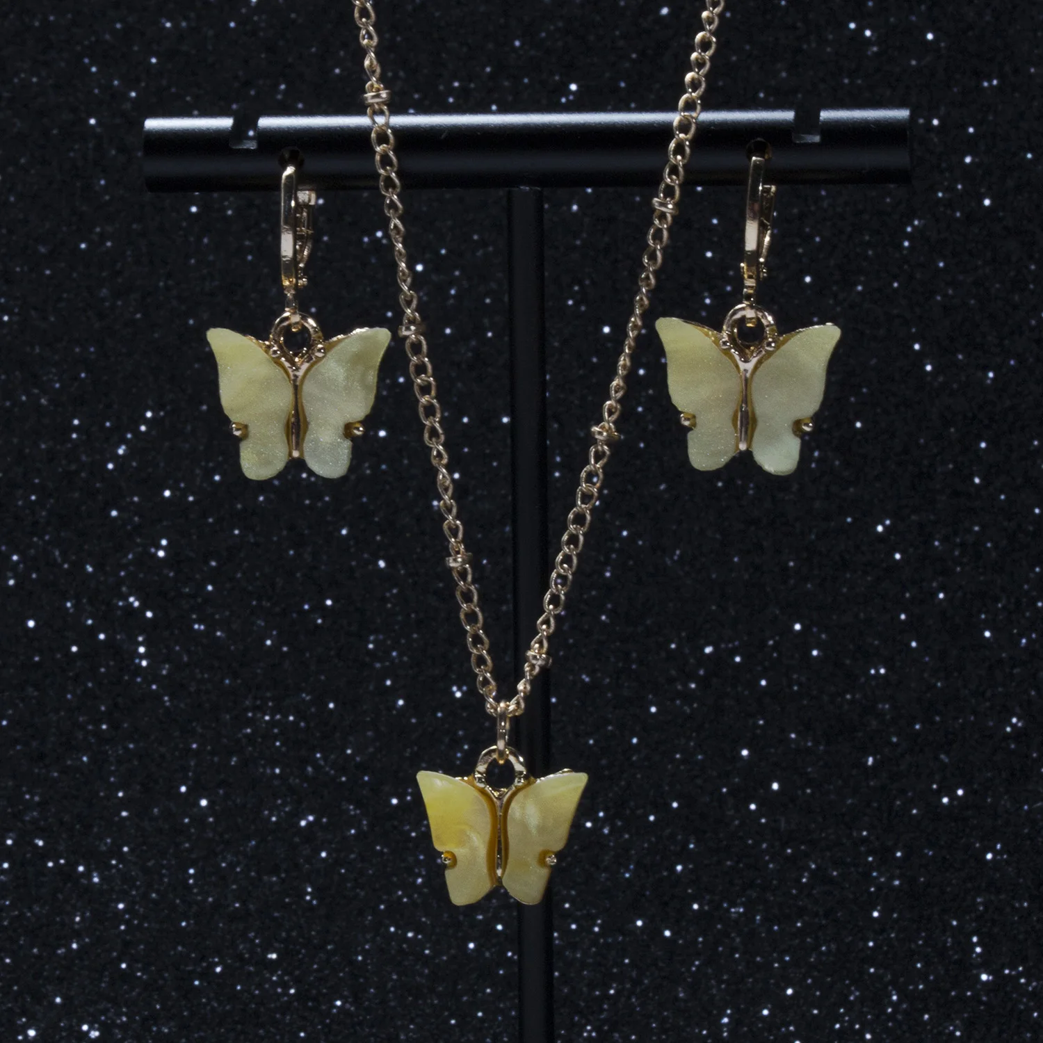 Acrylic Butterfly Earrings Pendant Necklaces Combination Set Japan and South Korea Sweet Style Alloy Chain Butterfly Jewelry Set