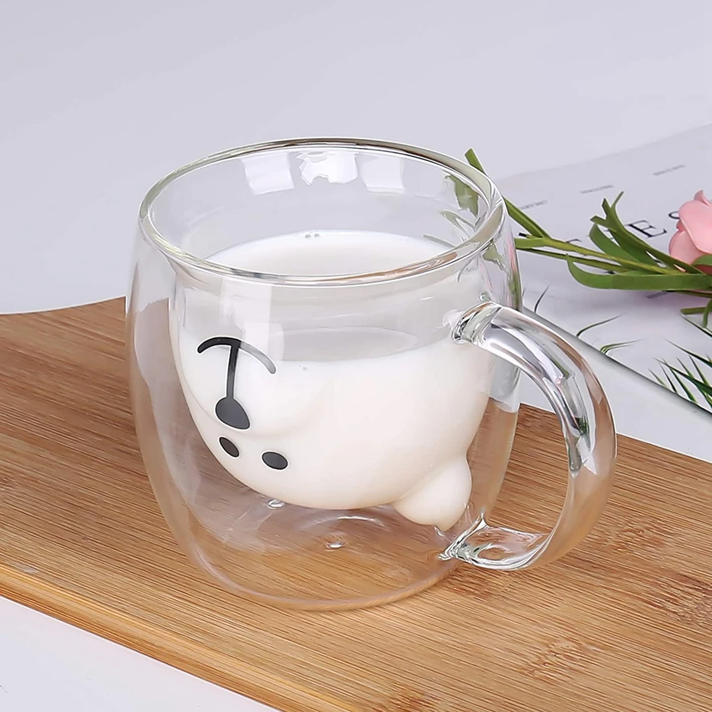 Aiboria Linda taza de café tazas de vidrio con aislamiento de doble pared taza de oso con leche animal taza de té taza de vidrio Espresso café tazas regalo para amigos Navidad Día de San Valentín