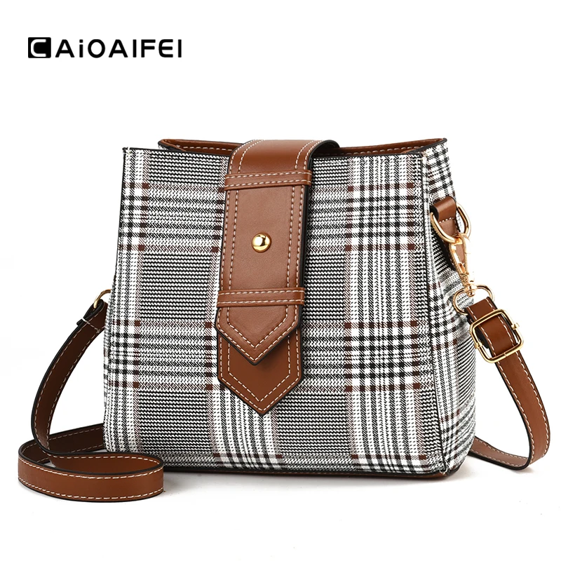 

CAIOAIFEI fashion plaid women shoulder bucket bag PU leather luxury handbags woman famous brand bag female crossbody bags