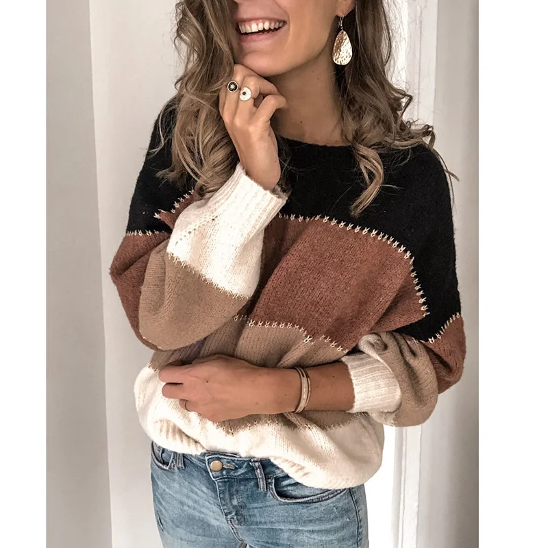 Taniafa Женский пуловер с круглым вырезом, свитер, зимний теплый Модный пуловер, вязаный трикотаж размера плюс S~ 5XL - Цвет: black brown