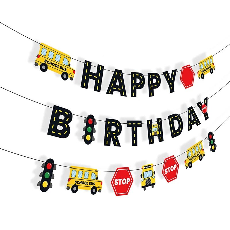 School Bus Happy Birthday Cake Topper – First Day Of School Sign, Double-Sided Glitter, Food-Safe, For Kids' Birthday Parties