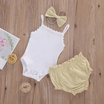 

Pudcoco Newborn Baby Girl Clothes Solid Color Lace Ruffle Sling Romper Tops Short Pants Bowknot Headband 3Pcs Outfits Cotton Set