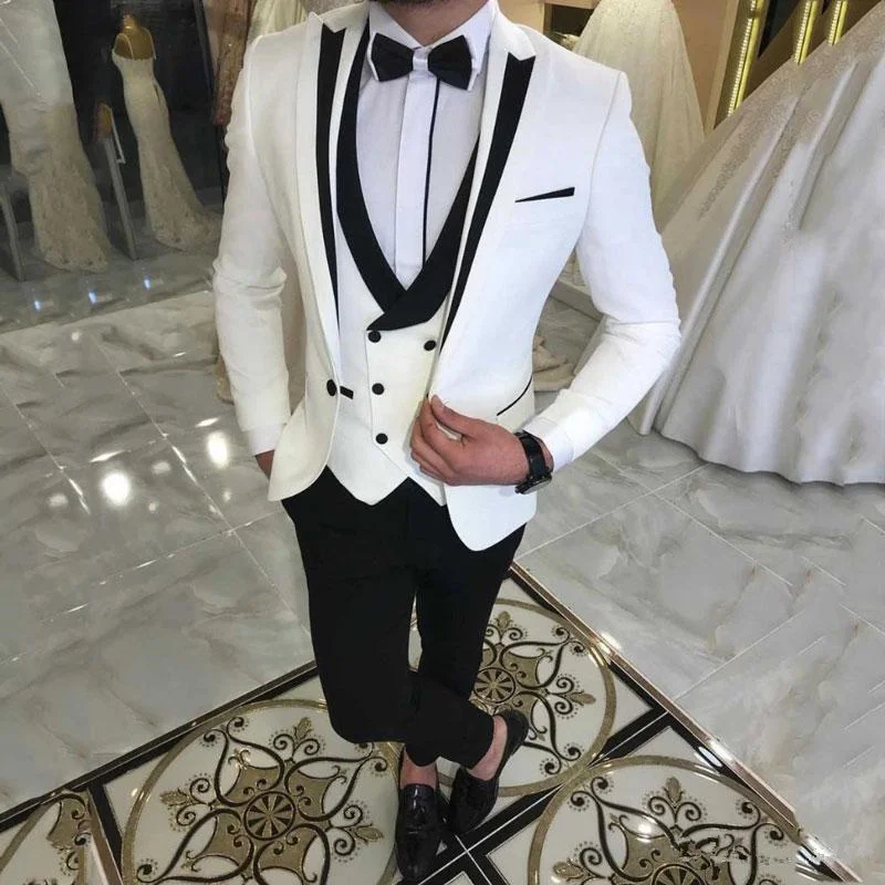 156 Latest White Suits for Wedding Tuxedos Groom Wear Black Peaked Lapel Groomsmen Outfit Man Blazers 3Piece trajes de hombre Costume Homme - 副本