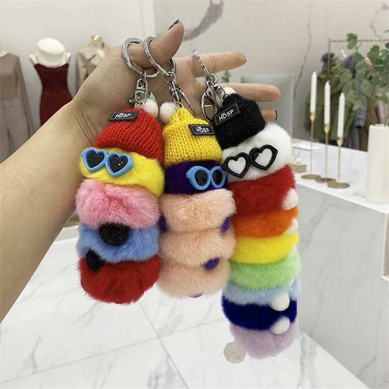 Women Genuine Rex rabbit fur Pendant Colorful caterpillar Fur Keychain Fluffy Toy Bag Car Charm Key Ring Couple Hanging chain | Украшения и