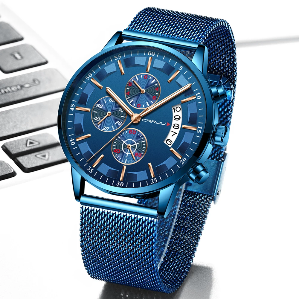 CRRJU мужские часы, мужские брендовые роскошные часы из нержавеющей стали, кварцевые синие часы, мужские повседневные спортивные наручные часы, Relogio Masculino
