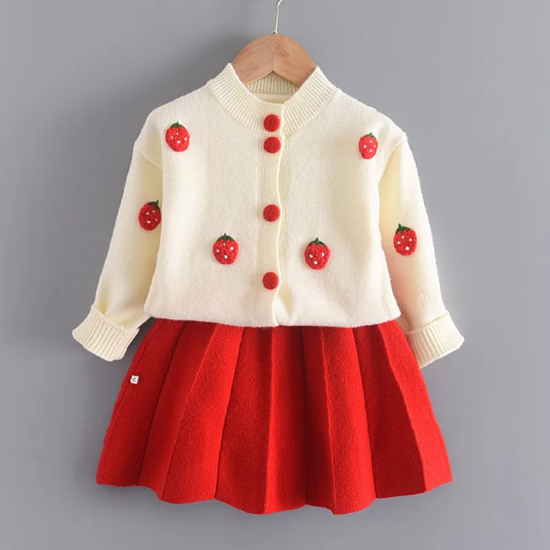 27KIDS Girl Winter Autumn Red Strawberry Princess Knitted Skirt Dress Kid Children Clothing Party Style Casual Dresses Sets | Детская