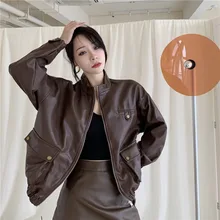 Winter Faux Leather Jacket For Women 2021 Korean Fashion Casual Moto Biker Zipper Coat Femme Vintage  Streetwear Clothes