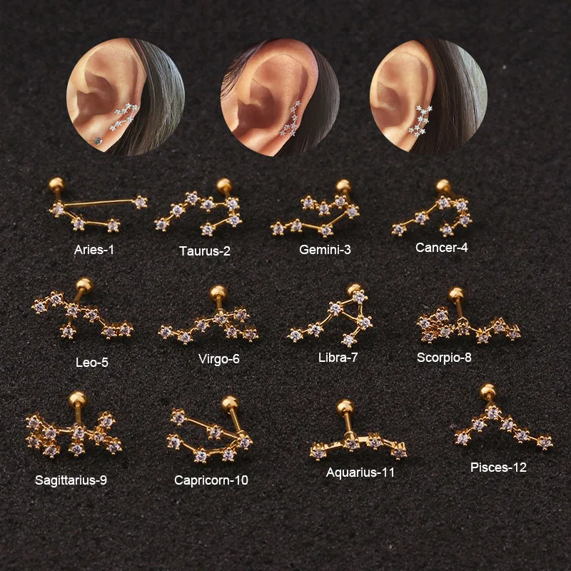 1 Pcs Twelve Constellation Star Cartilage Earring Non-Allergic Silver Color CZ Zodiac Screw Piercing Ear Decor Jewelry Gift