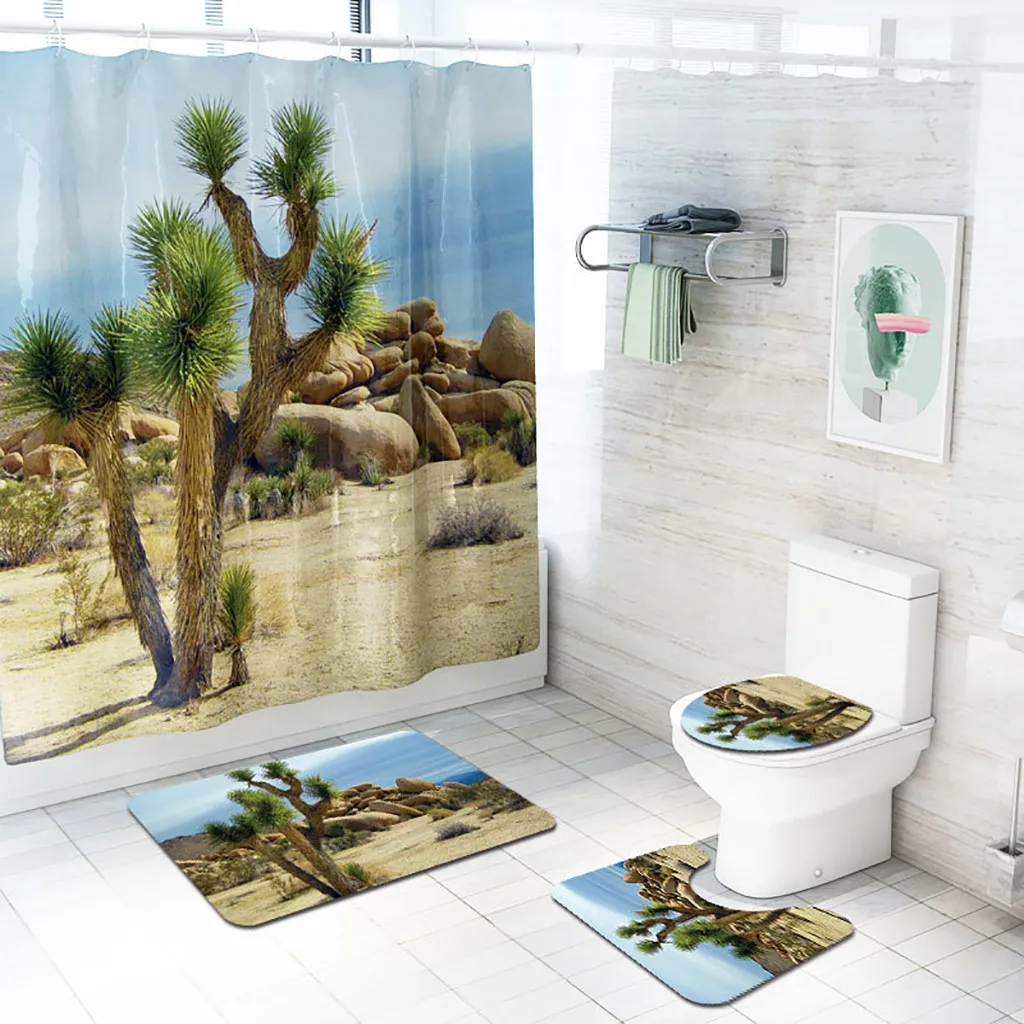 

4 Pcs Dessert Green Tree Pattern Non Slip Toilet Comfortable Polyester Cover Mat Set Bathroom Accessories Shower Curtain Set