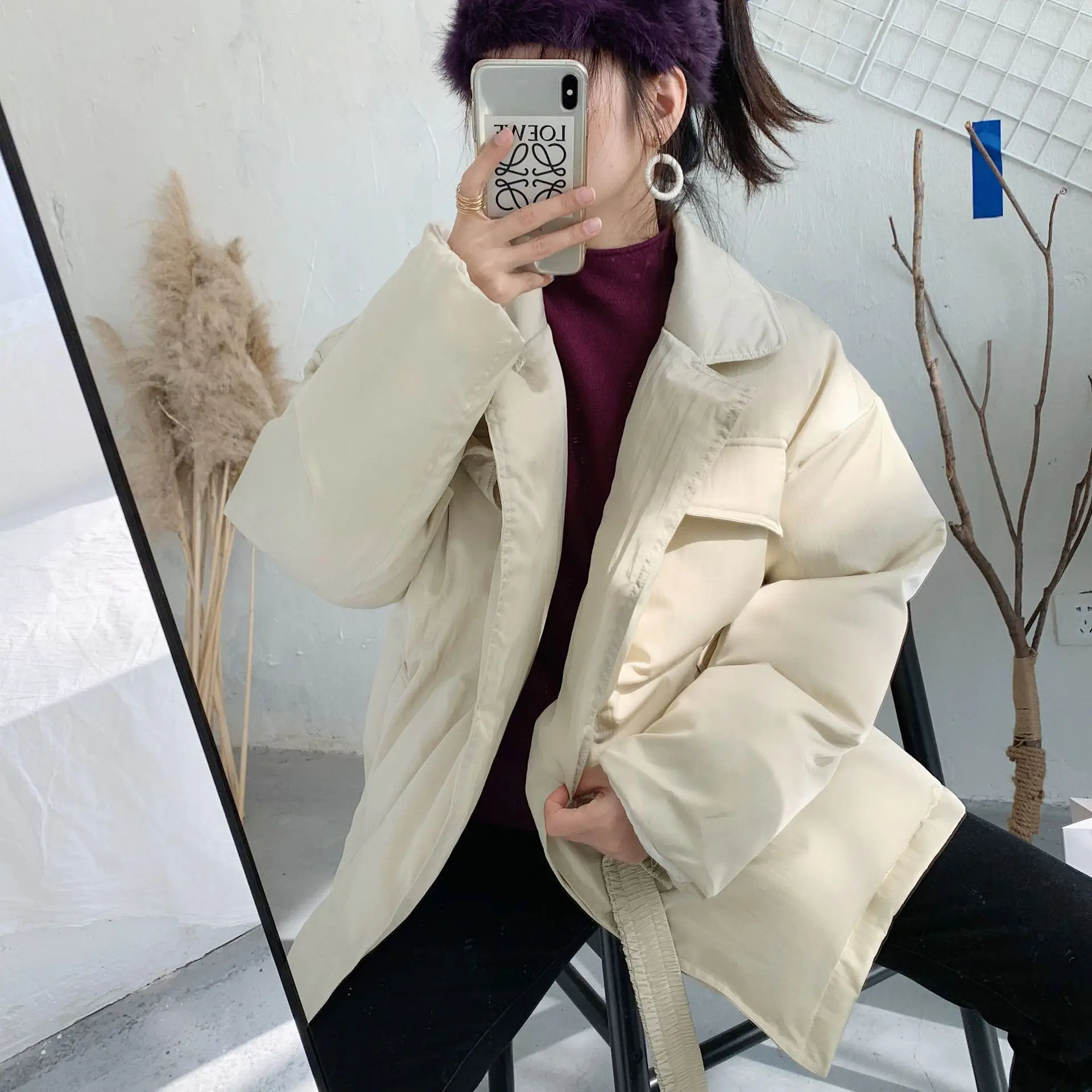 

Belt Suit Collar Cotton Suit 2020 Single Breasted Winter Black Coat Jackets Women