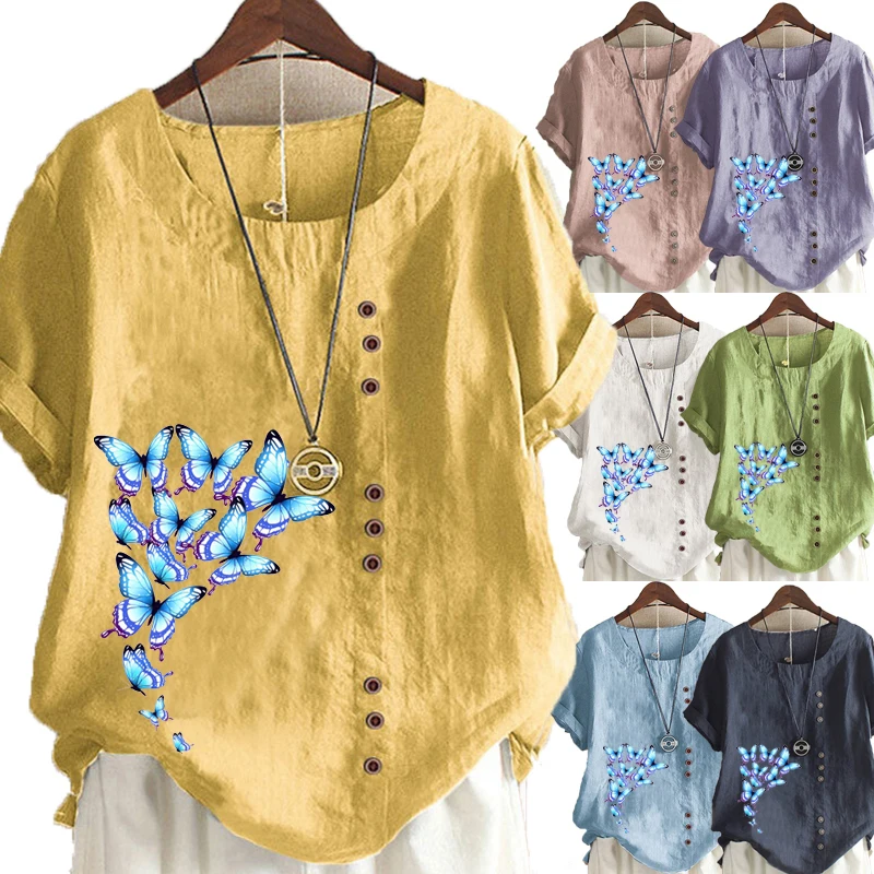 

New Summer Women's New Fashion Round Collar Short Sleeve Casual Linen T-Shirt Loose Ladies Blouse Tops