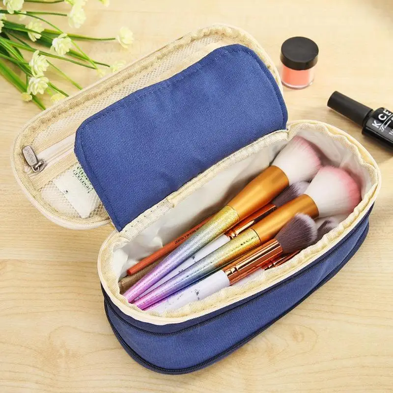

Portable Large Capacity Pencil Case Double Zipper Canvas Pencilcase Side Open School Stationery Makeup Storage Bag