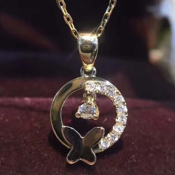 

18K Gold Au750 Real Diamond Women Pendant Necklaces Round Butterfly Wedding Party Engagement Anniversary Necklaces Birthday Gift
