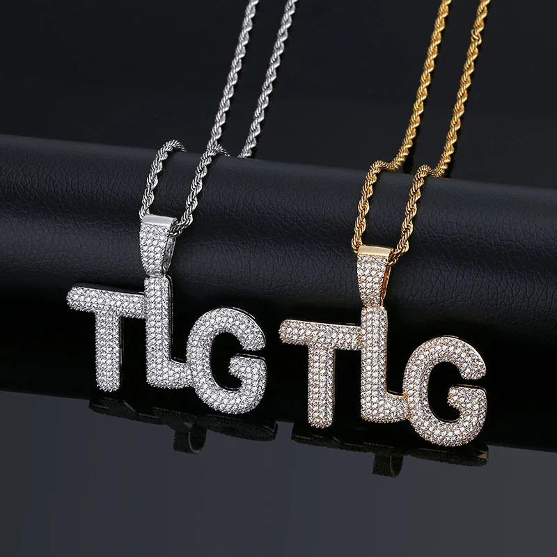 

Iced Out TLG Cubic Zircon Bubble Letter Pendant Necklace Hip Hop Gold Silver Color Men Charms Chain Jewelry