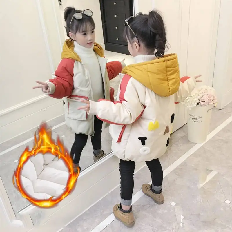 

2019 Winter New Kids Girls Down Cotton Patchwork Jacket Parka Children Girls Warm Thick Cotton Padded Hooded Outerwear Coats NO4