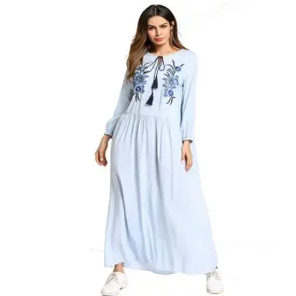 Вышивка Макси платье с элегантным цветком Ленточки Абаи свободные Стиль