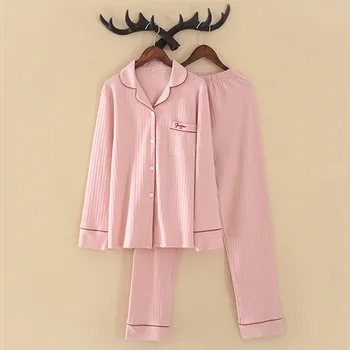 

Pajamas Spring Summer Stripe Pijama Women Long Sleeve Sleepwear 2 Pieces Sets Homewear Women Soft Female Lapel Nightwear