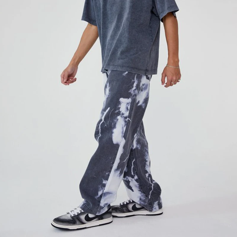Pantalones vaqueros holgados de corte recto para hombre, Vaqueros informales con estampado de rayos gris, pantalón largo recto