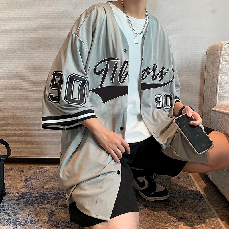 Men Short Sleeve Shirts Vintage Fashion Streetwear Hip-hop V-neck Summer Ins Baseball Outwear Chic Korean Style Harajuku Leisure casual short sleeved shirt short sleeved shirt