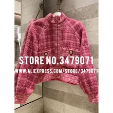 Короткая куртка с воротником-стойкой и цветочной пряжкой, украшенная карманами розового цвета, новинка, Высококачественная Женская твидовая куртка с шелковой подкладкой