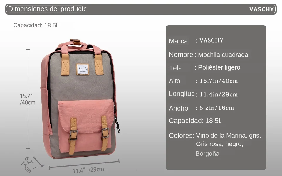 VASCHY Mochila escolar para mujer, bolso de viaje, para ordenador portátil, femenino