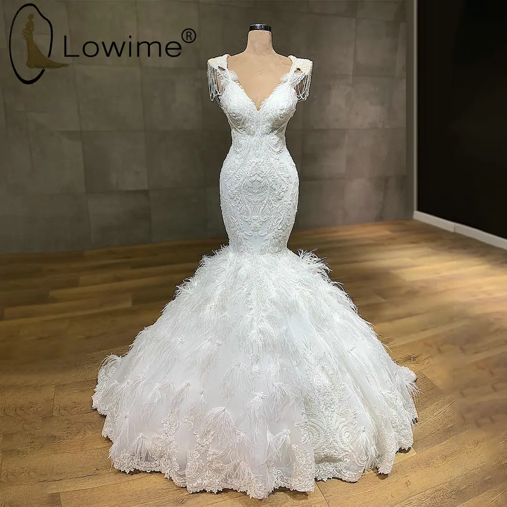 Elegant Ivory Mermaid Wedding Dresses Sexy V Neck Feathers Luxury
