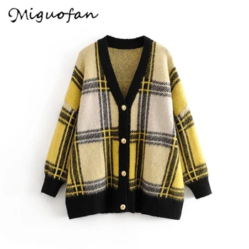 

Miguofuofan Women Sweater Plaid Autumn Winter cardigan femme mache longue Ladies cardigan mujer Knitted Tops za 2020 Spring