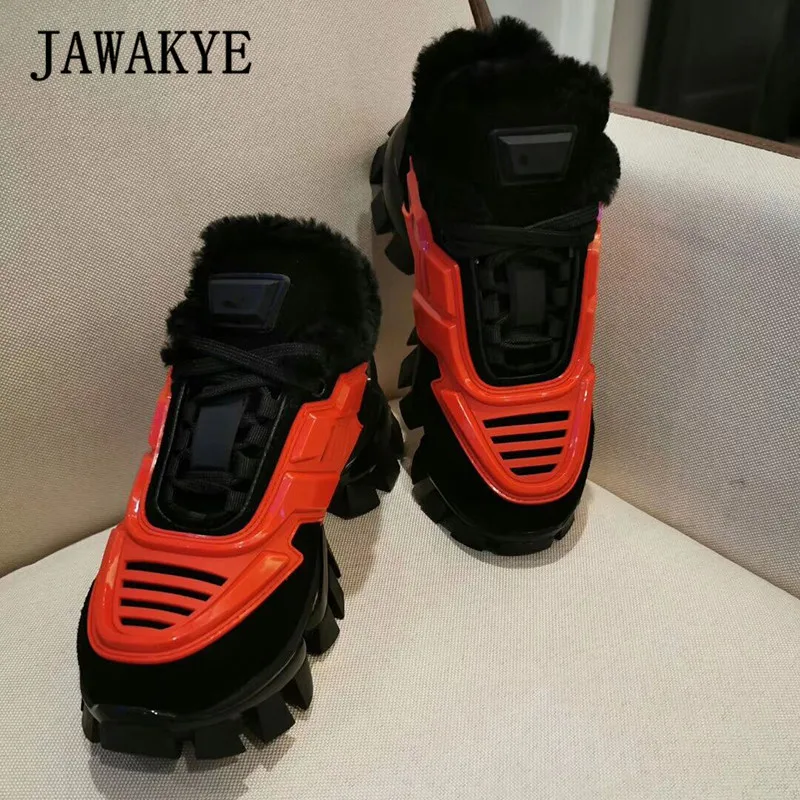 Winter Mountain Trainers Boots Mixed Color Lace Up Platform Shoes Woman Round Toe Runway Sneakers Warm Plush Casual Snow Boots