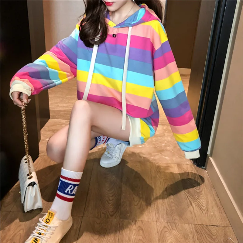 

Candy color cute Harajuku sweet fashion casual hoodie Korean version of the loose long-sleeved rainbow striped female sweatshirt