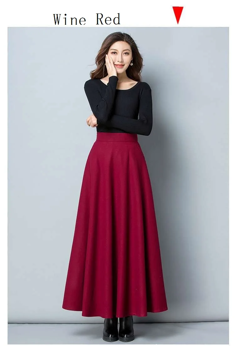 FairyShely 2022 Autumn Winter Retro High Waist Pleated Skirt Women Casual Pocket Woolen Maxi Skirt female Flare Red Long skirt black tennis skirt