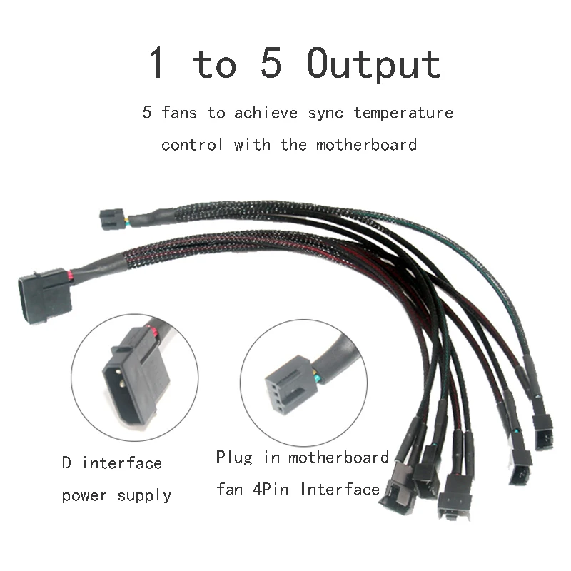 30cm Fan Cable Fan Splitter Molex to 5 Way 3Pin 4Pin PWM Fan Adapter for HDD Optical Drive Computer Case Mining Cooling Fans NEW