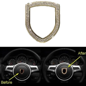 

Car Stickers Shield Shape Gold Bling Bling Steering Wheel Cover Trim For-Porsche