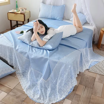 

1pc Bedding Sheet Ice Silk Flat with White Lace Solid Color Bed Summer Type for Bedroom No Pillowcase