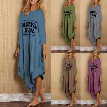

casual style irregular long dress Women Letter Printed Long Sleeve O-Neck Casual autumn Dresses vestido mujer verano hot clothe