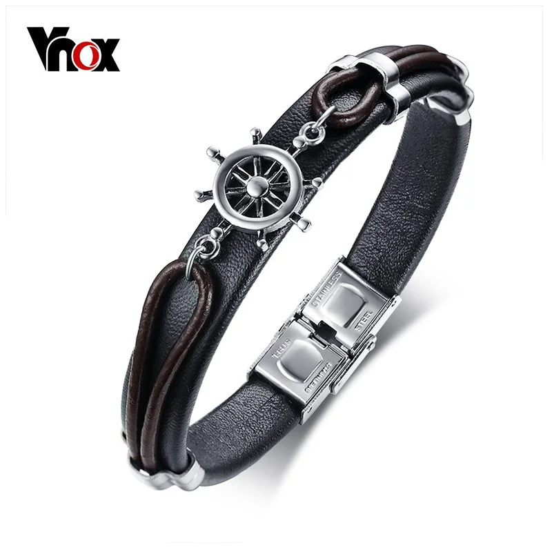 Pulseira de Couro Genuíno dos Homens Vnox Preto Punk Leme Charme Link Corrente Pulseira Jóias 8.46