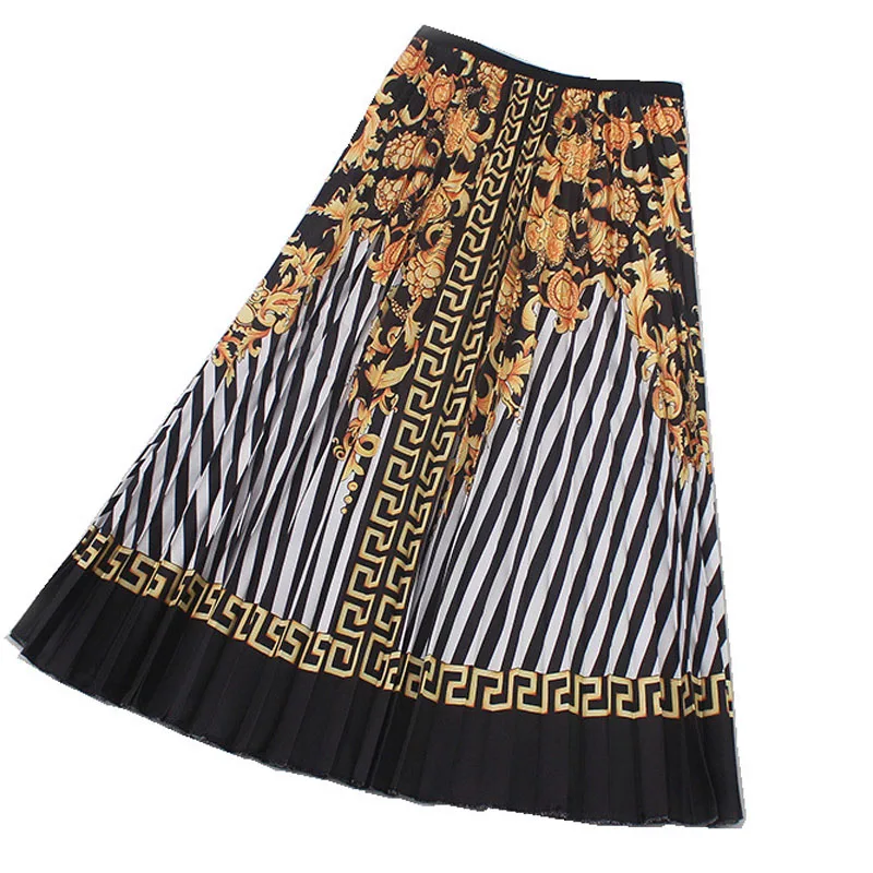 Женские Сатиновые плиссированные юбки, женская элегантная повседневная модная Ретро винтажная Цветочная полосатая прошитая Геометрическая юбка