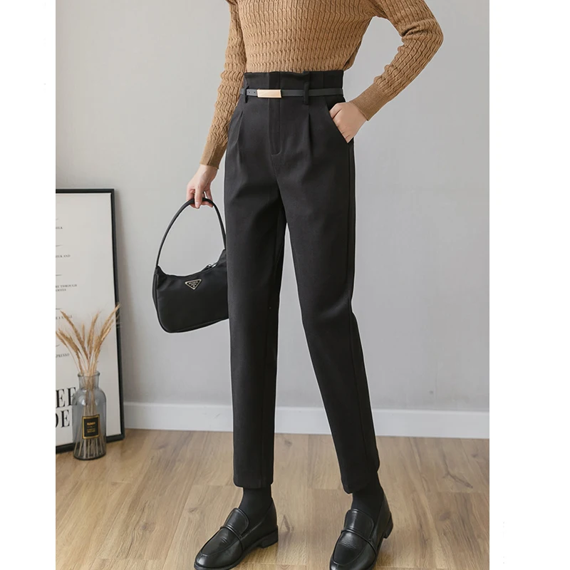 Зимние женские брюки длиной до щиколотки, однотонные штаны-шаровары с высокой талией, элегантные офисные женские брюки, женские брюки