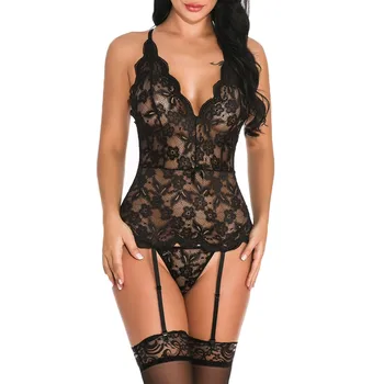 

Women Lingerie Sexy Erotic V-Neck Lace Button Jumpsuit Long Sleeve Bodysuit lenceria sexy lingerie femme soutien gorge dame