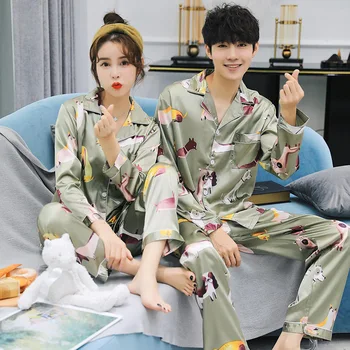 

Couple Sleepwear Mens Silk Satin Pajamas Set Floral Print Pijama Unit Elastic Waist Sleep Lounge Pant Autumn Spring Pyjamas Suit