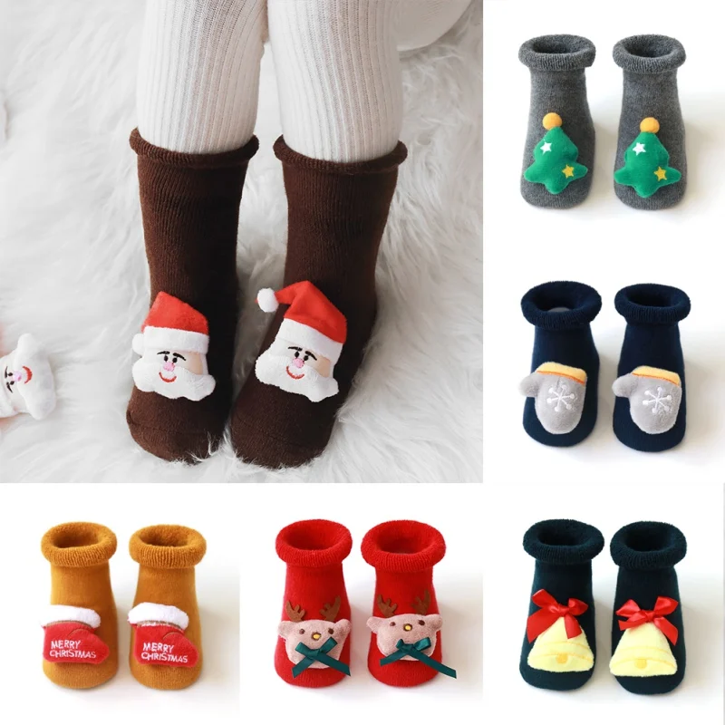 Носки для маленьких девочек на весну, зиму и осень, Детские Махровые Носки с рисунком лося, Санта Клауса, рождественские детские носки
