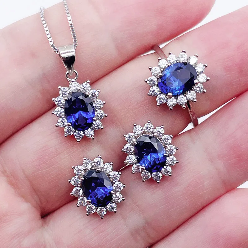 

Real Sapphire Ring Stud Earrings Pendant Necklace Lab Created Sapphire Jewelry Set S925 Sterling Silver For Women Gifts