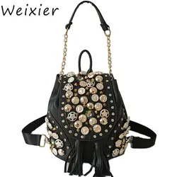 WEIXIER Новая модная брендовая женская сумка из искусственной кожи женская сумка на плечо значок цепь бриллианты кисточка Shcool рюкзак для