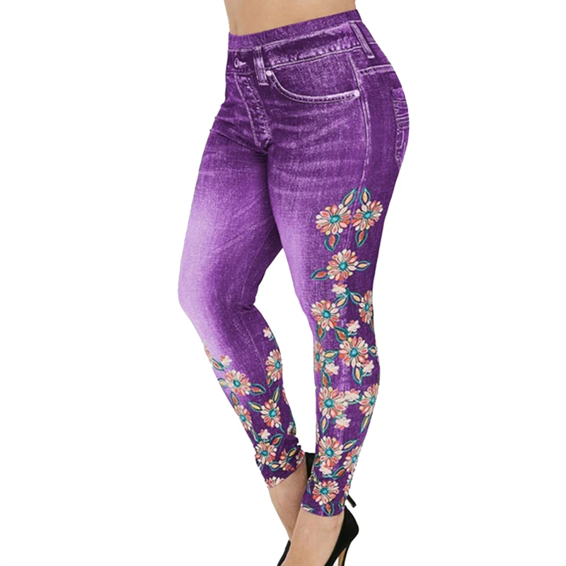 purple-2 Sfit женские джинсы больших размеров с высокой талией, имитация джинсовой ткани, леггинсы с цветочным принтом, брюки Капри, повседневные штаны для тренировок, йоги - Цвет: purple-2