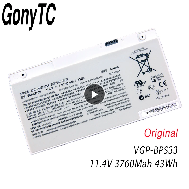 Batería de VGP BPS33 BPS33 original de 11,4 V 43Wh para Sony Vaio