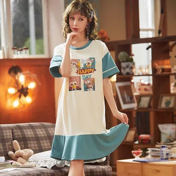 

2020 New Summer Sleepdress 100%Cotton Short Sleeve Ladies Nightgowns Cartoon Round Neck Big Size M-XXL Female Nightdress