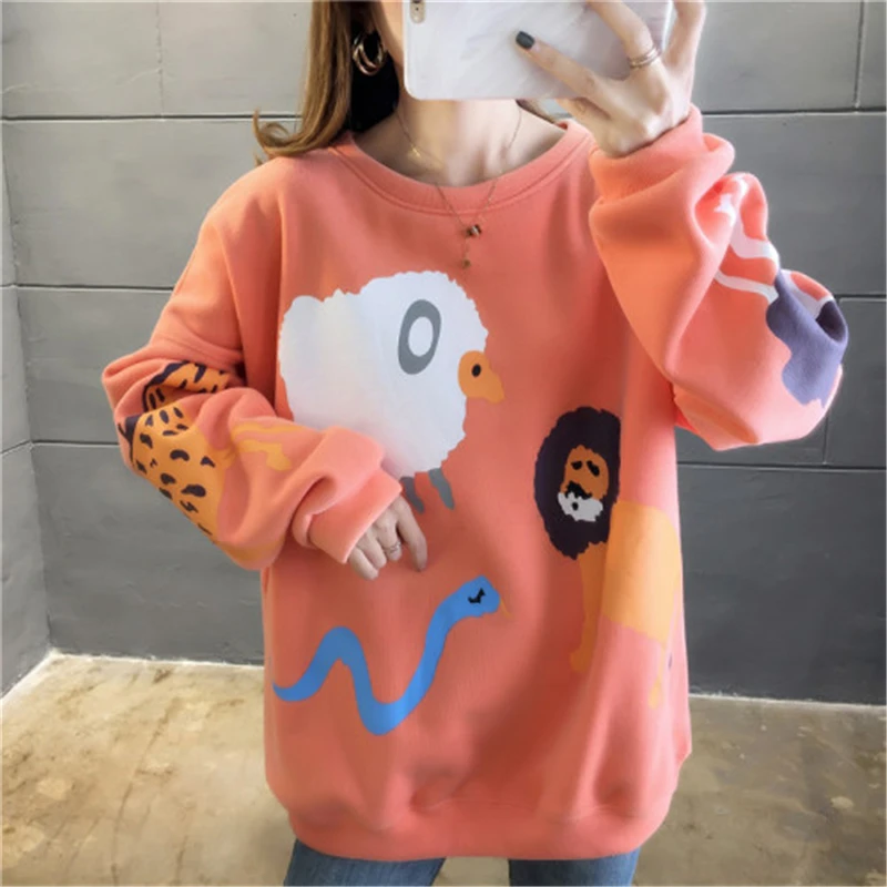 

Women Cartoon Sweatshirts Casual Loose Cute Sheep Lion Snake Print Pullovers O-neck Long Sleeve Plus Size Harajuku Tops