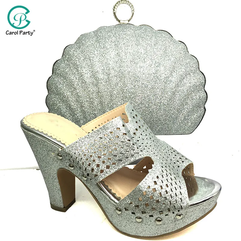 silver shoes and bag